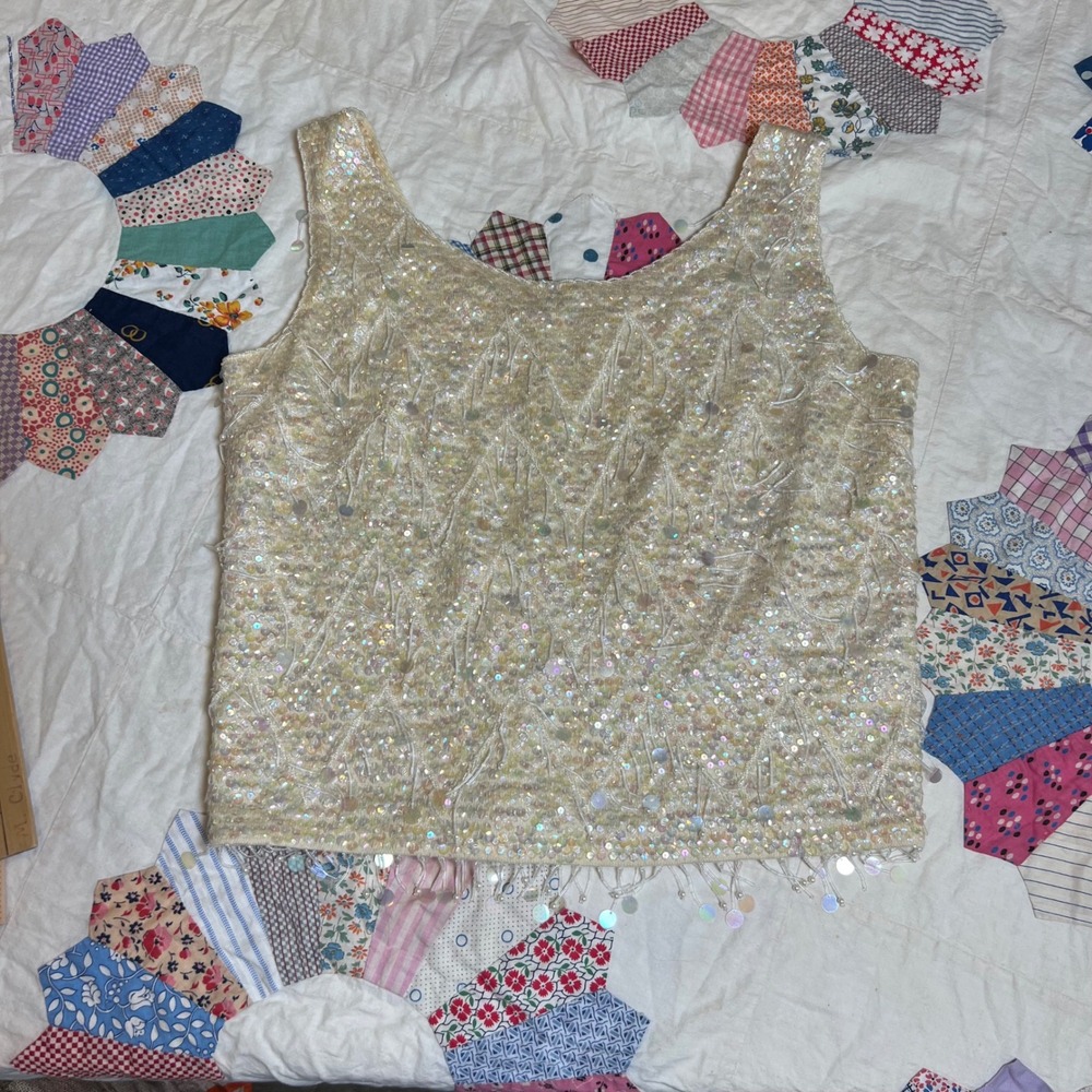 Vintage 60s Wool Sequin Beaded Shell Top Iridescent Cream Sleeveless Hong Kong S
